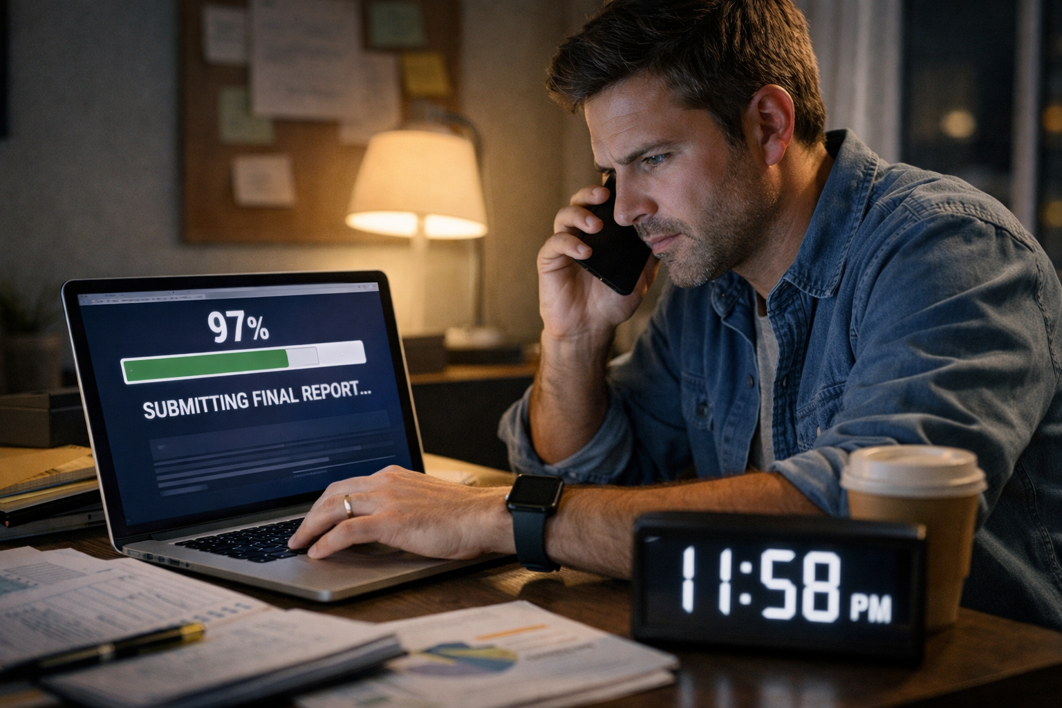 A business user completing a time-sensitive notarization session from a laptop late in the workday.